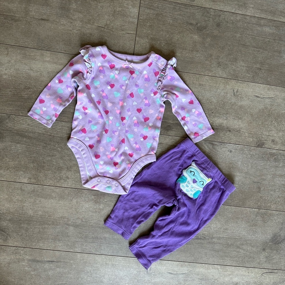 Garanimals Baby Girl 6M Multi Heart Long Sleeve Bodysuit Carters Owl Pants set